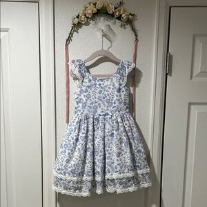 Laura Ashley White and Blue Floral Lace-Trim Flutter Dress
